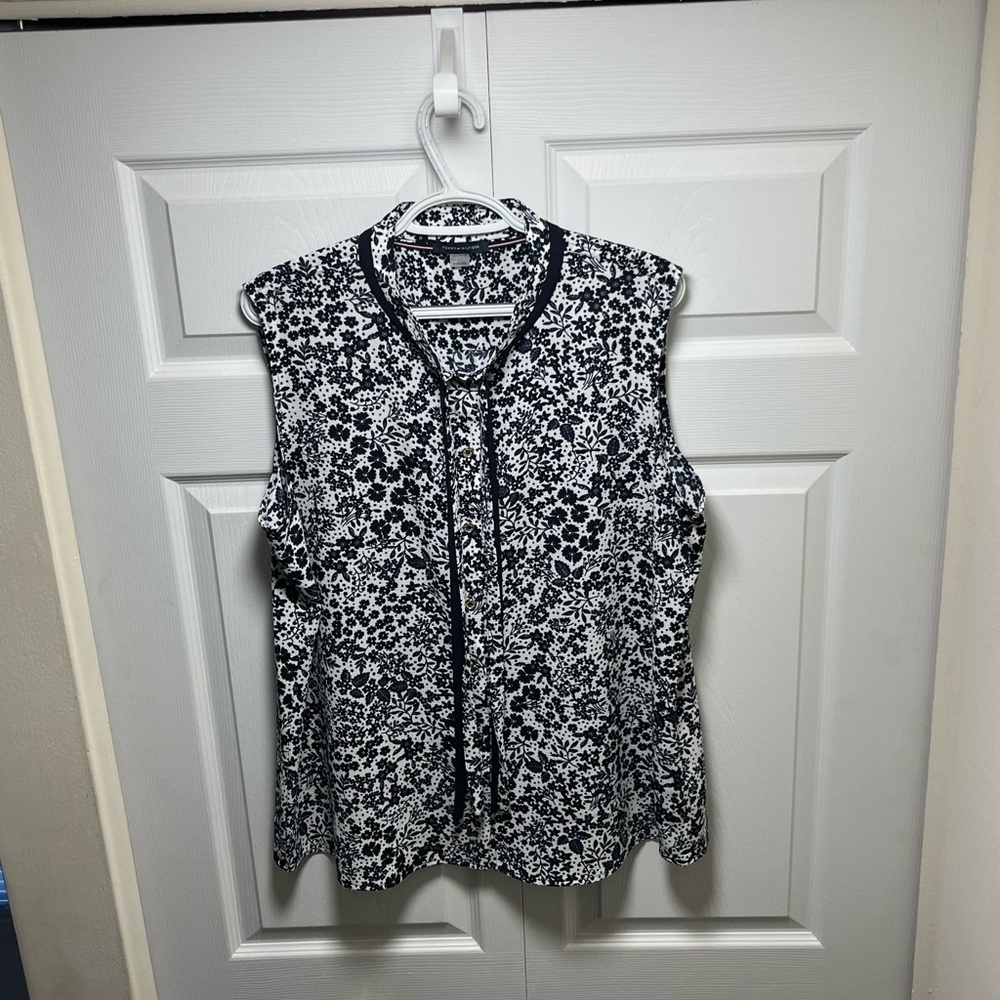 Tommy Hilfiger Navy and White Buttoned Blouse with Mandarin Collar
